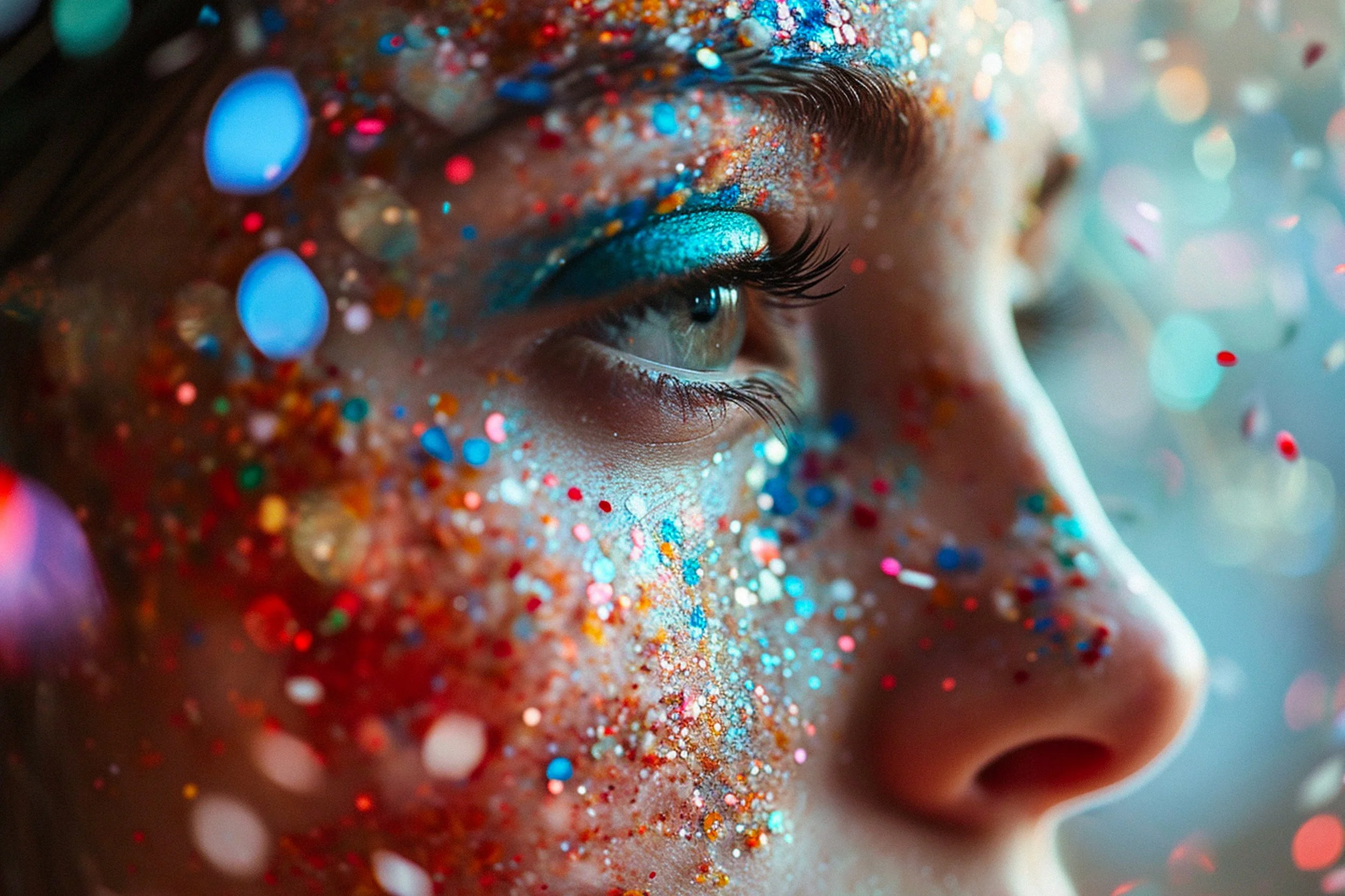 Zoomed in shot of person's face showing only right eye. Has on makeup and particularly sequin and glitter on their face. Toxic relationships. People pleasing. People pleasers. Cycle of self judgement. Self esteem. Self doubt.