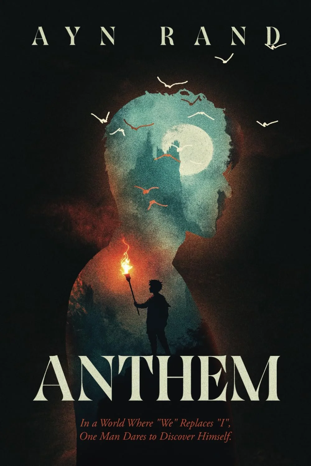 A dark poster for the movie "Anthem" featuring a silhouette of a person holding a torch, with a human face profile blending into a moonlit sky and the silhouette of a bird flying around.