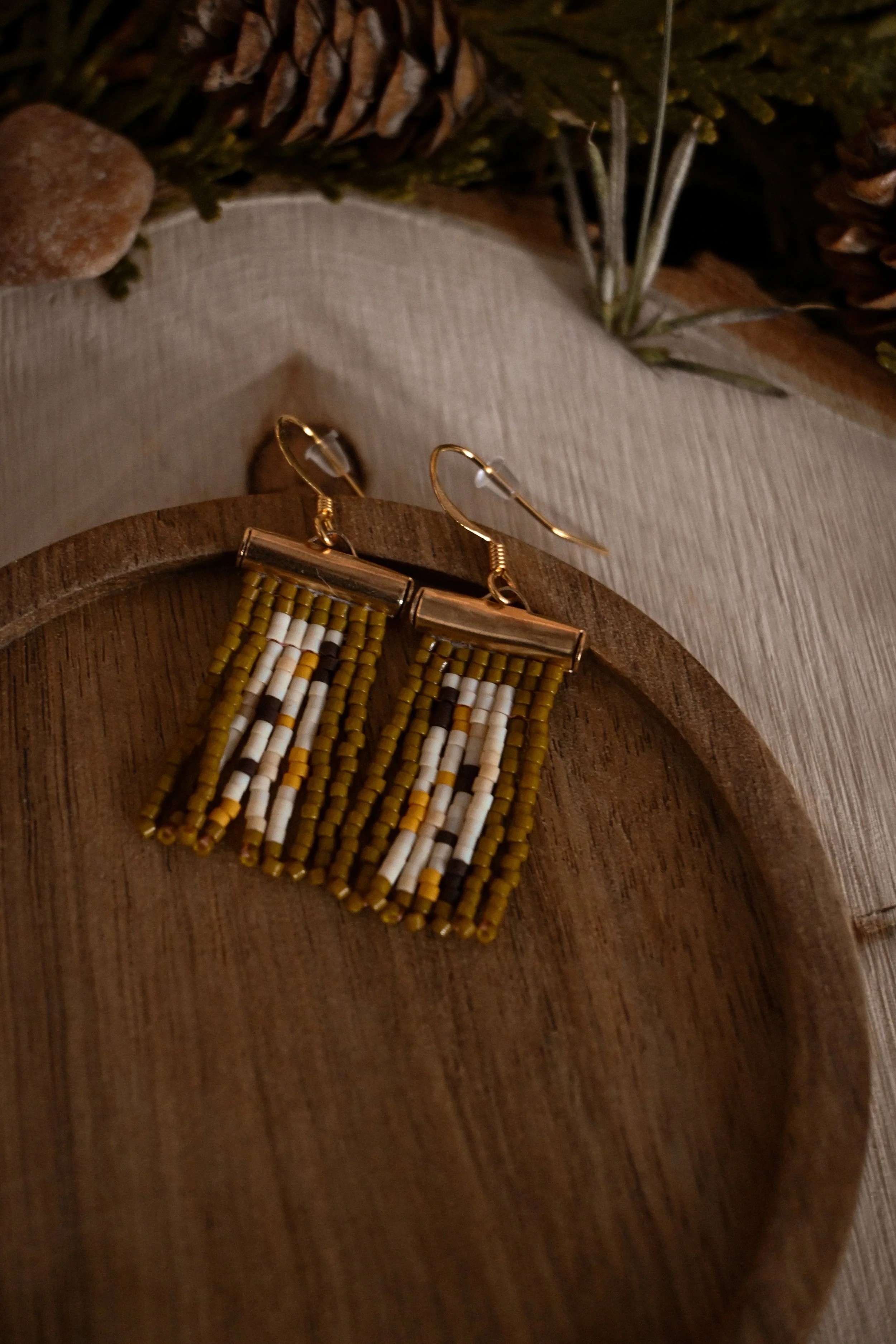 Mini Green, Yellow, White and Brown ZigZag Earrings