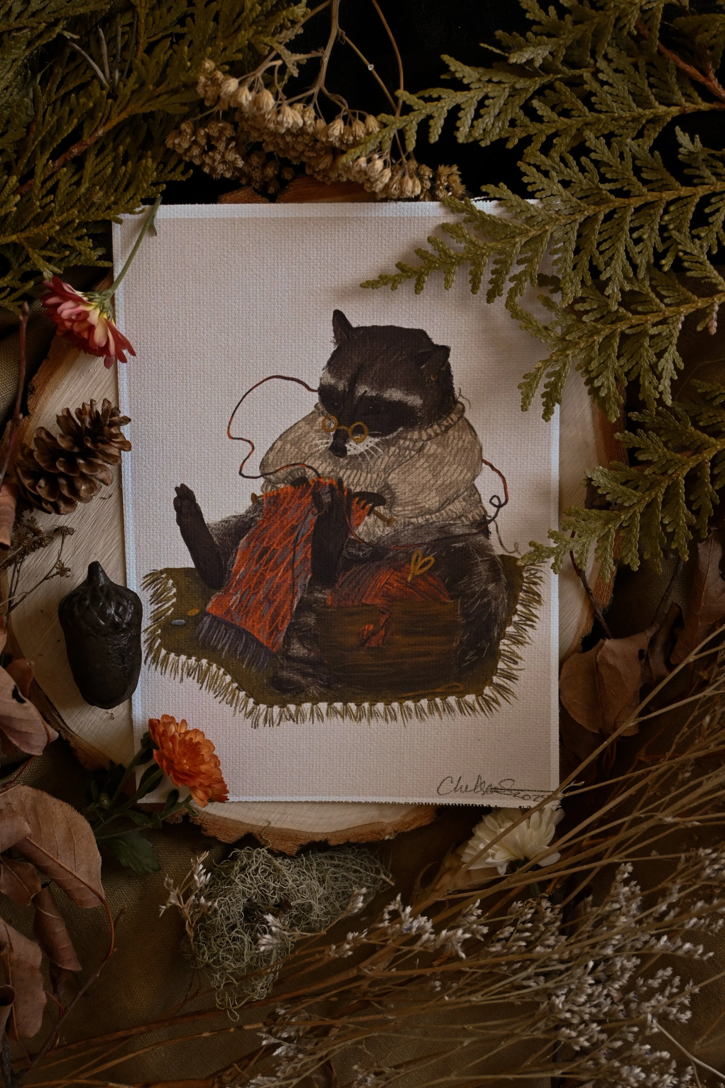 Crafty Critter - Knitting Racoon Print