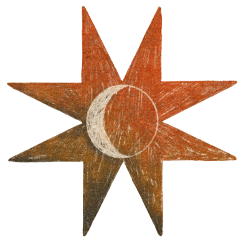 A decorative star with a crescent moon in the center, both made of a brownish material.