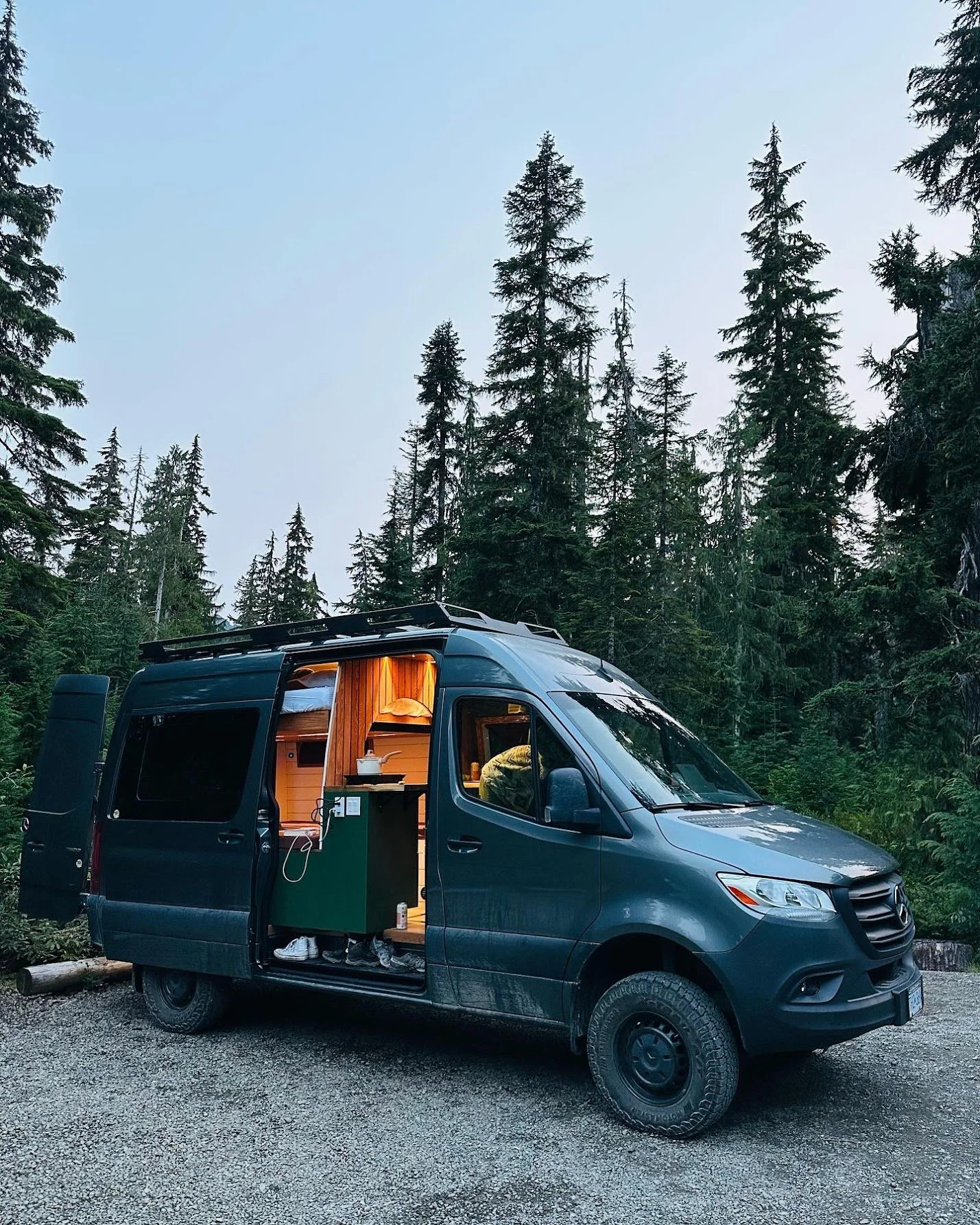 A dark blue camper van parked in a forested area with tall pine trees, with its side door open revealing a cozy interior with wooden paneling.