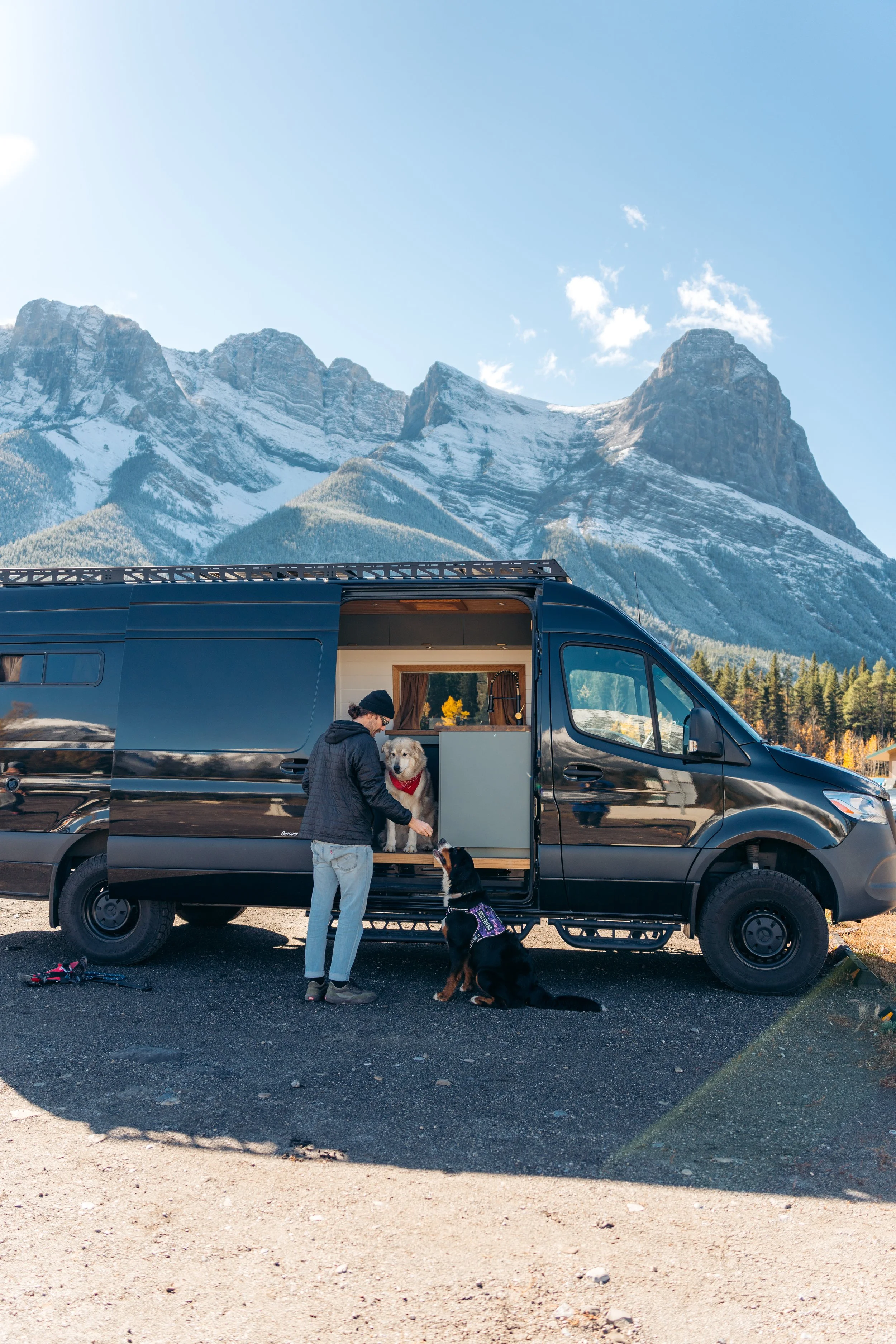A person with a hat standing outside of a parked van, holding a large dog, while a man in a jacket interacts with a dog inside the van. The backdrop features tall snow-capped mountains and a clear blue sky.