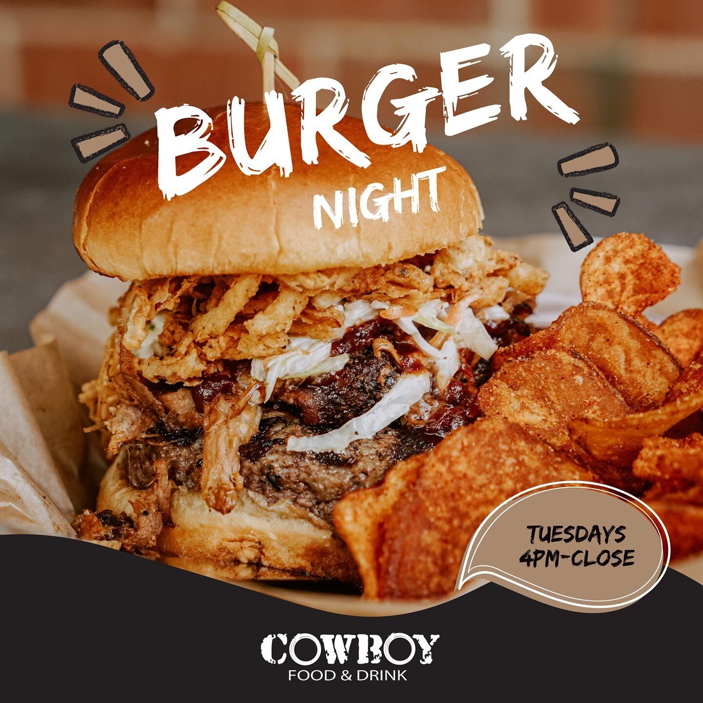 You can never say no to a burger, especially our Cowboy Burger! Get it for $8 on Wednesday nights from 4pm-close.

P.S. Get any of our other burgers for just $10 on Burger Nights.