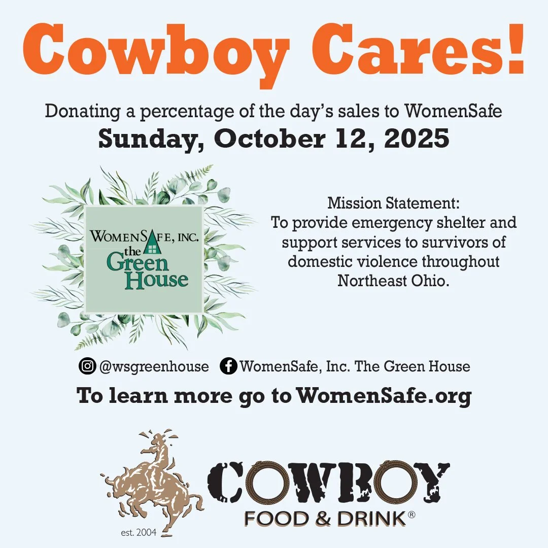 💜 Dine out. Do good. 💜 Tomorrow , every bite and sip at Cowboy helps support WomenSafe and their mission to provide safety and hope to survivors of domestic violence. Join us for food, drinks, and a cause that matters. 
#EatDrinkGiveBack #CowboyCa