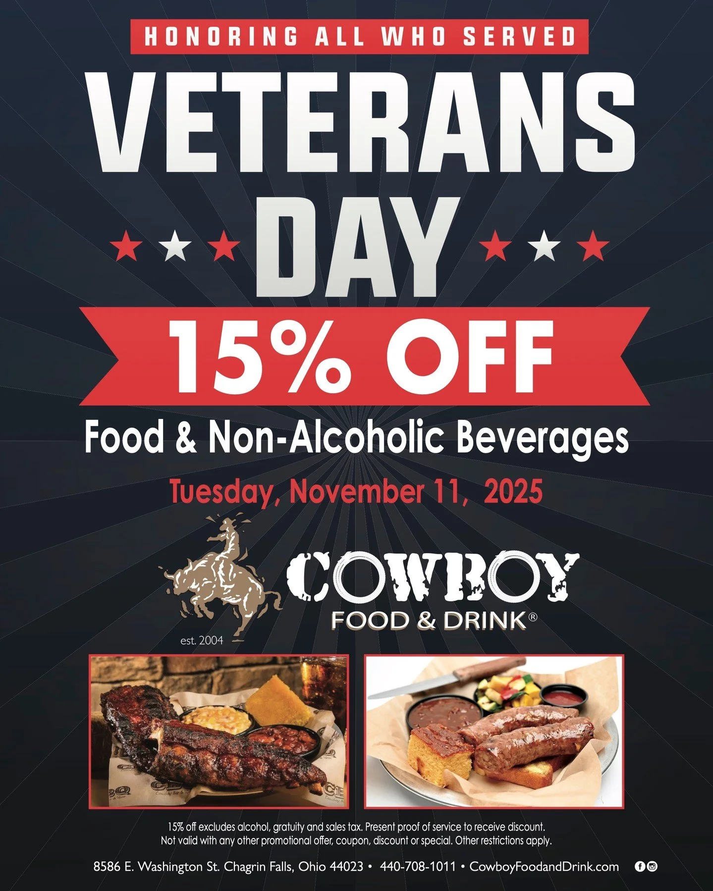 🇺🇸 Honoring all who served 🇺🇸
Join us this Veterans Day, Tuesday, Nov. 11, and enjoy 15% off food and non-alcoholic beverages at Cowboy Food &amp; Drink.
Thank you for your service! ❤️🤍💙
#VeteransDay #CowboyFoodAndDrink #ThankYouVeterans