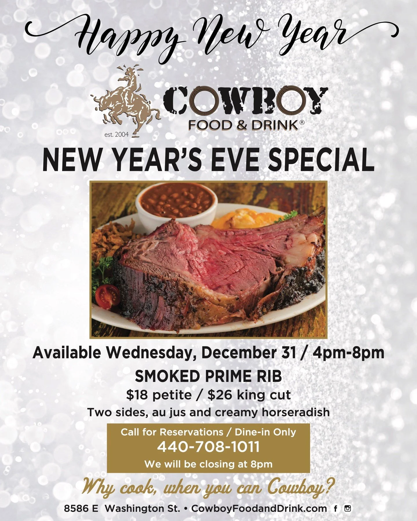 Celebrate the last bite of 2025 the right way. 🥂
Our Smoked Prime Rib special is only available Dec. 31 from 4&ndash;8pm &mdash; and it always draws a crowd. Don&rsquo;t wait to book your reservation!