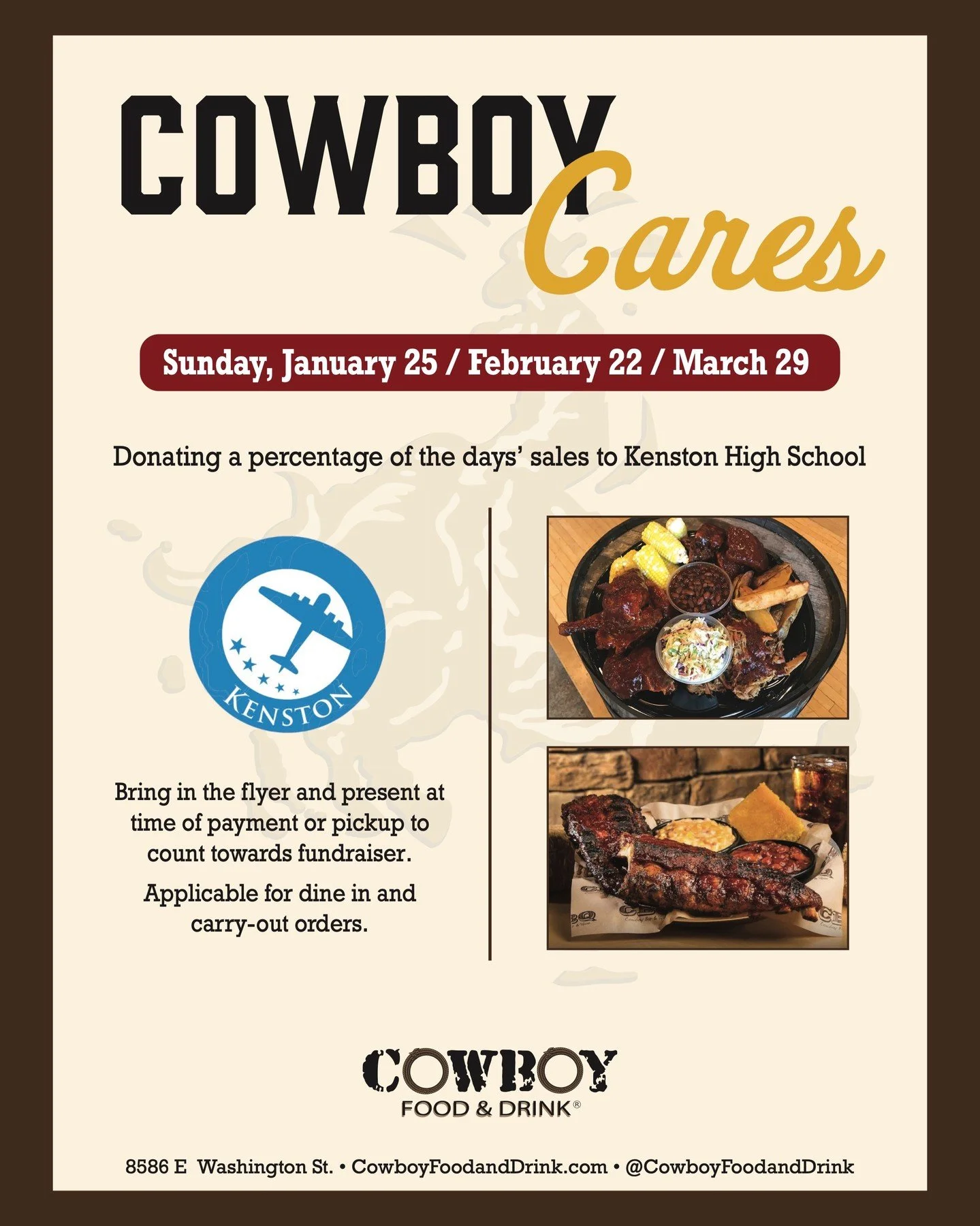 Good food tastes even better when it gives back. ❤️
This Sunday, January 25, Cowboy Cares is proud to support Kenston High School by donating a portion of our sales.
Grab a meal, bring the flyer, and help us make a difference. 🤠🍽️