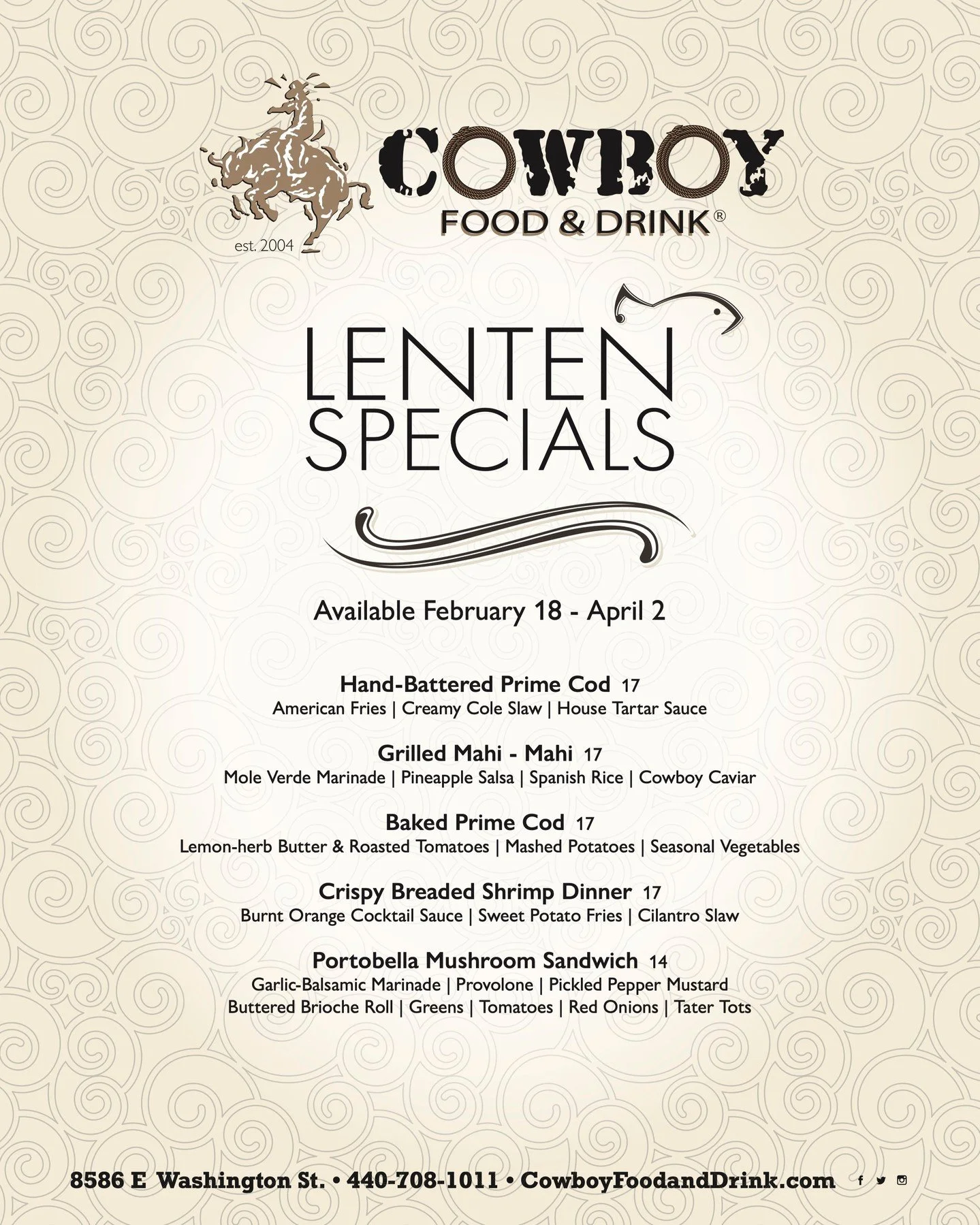 Lent starts today, and so do our Lenten Specials 🐟🍽️

Join us at Cowboy Food &amp; Drink for a lineup of seafood favorites and meat-free options, available February 18 through April 2. From hand-battered cod and grilled mahi-mahi to baked cod, cris