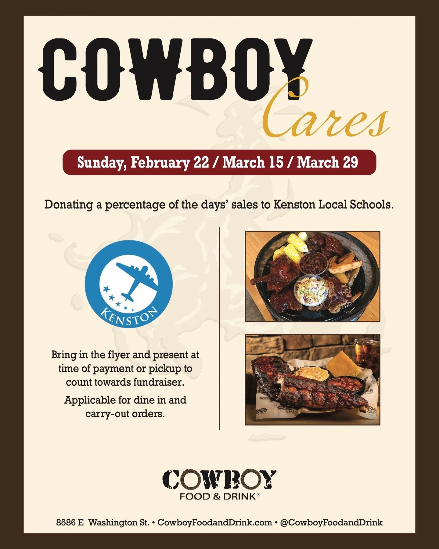 Eat well. Do good. 🤠 Support Kenston Local Schools just by dining with us on select Sundays this March for Cowboy Cares. Bring in the flyer (or show it at checkout) for dine-in or carry-out to count toward the fundraiser!