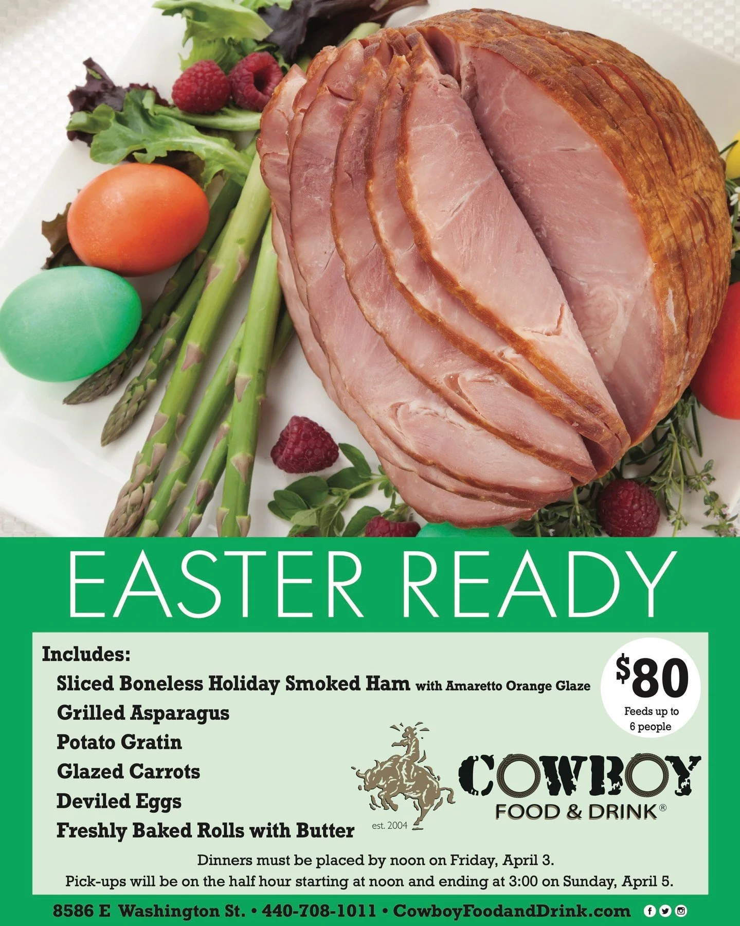 Easter is almost here 🐰🌸
This is your LAST WEEK to order our Easter Ready Ham dinner!
Let Cowboy handle the cooking so you can enjoy the family time.
Call 440-708-1011 or reserve yours online at https://www.cowboyfoodanddrink.com/platters before we
