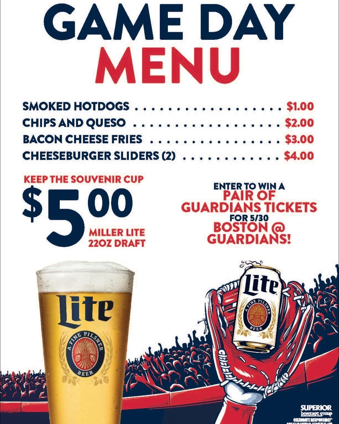 Opening Day vibes ⚾️🔥

$1 hotdogs, $2 queso, $3 bacon cheese fries, $4 sliders&hellip; yeah, we understood the assignment. $5 Miller Lite drafts (and you keep the cup 👀) + your shot to win Guardians tickets 🎟️
Pull up with your crew &mdash; it&rsq