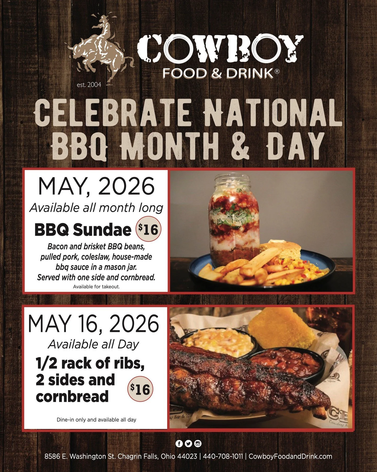 🔥🍖 May is for BBQ. We&rsquo;re celebrating National BBQ Month with mouthwatering specials all month long 🤠

🍴 All May: BBQ Sundae for $16
🍴 May 16: Half rack of ribs, 2 sides &amp; cornbread for $16

Come hungry. Leave happy.

#BBQMonth #Nationa