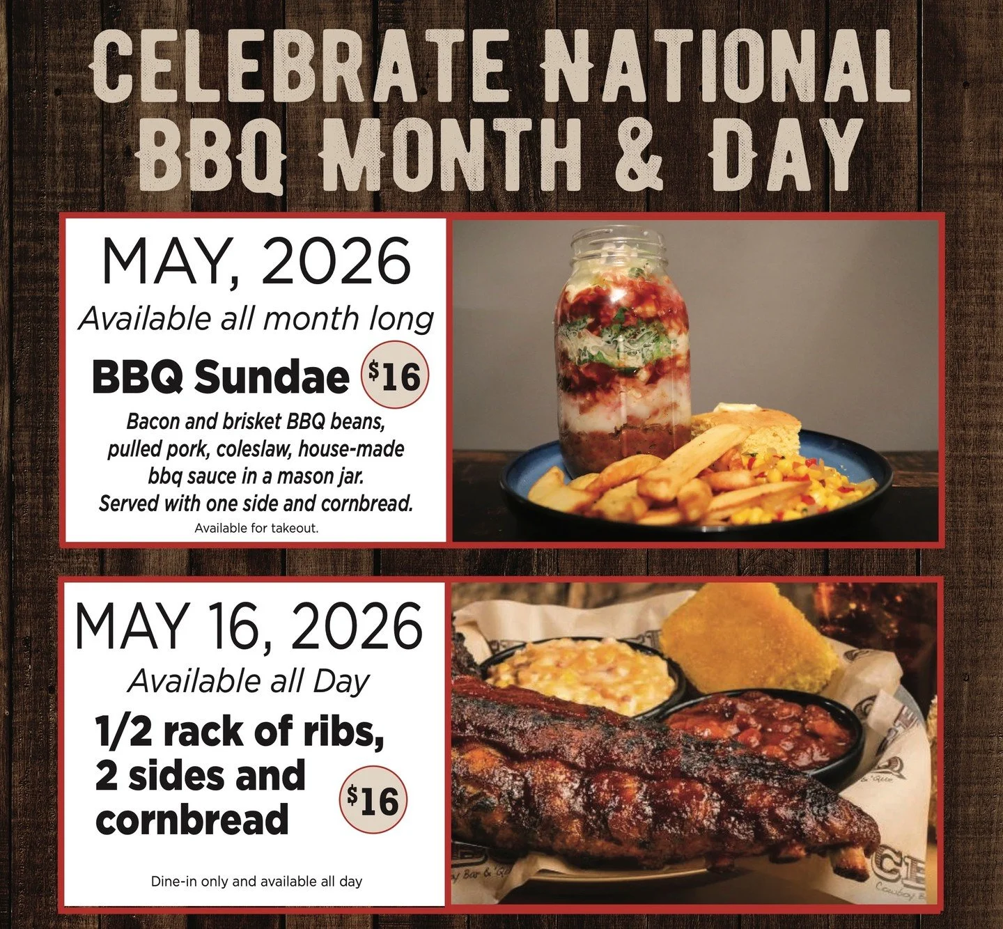 BBQ lovers, this is your month 🔥
Smoky favorites all May long&mdash;plus a special BBQ Day deal on May 16.
Come hungry and get your BBQ fix while it lasts.
#BBQMonth #NationalBBQDay #SmokedMeat #Foodie #CowboyBBQ