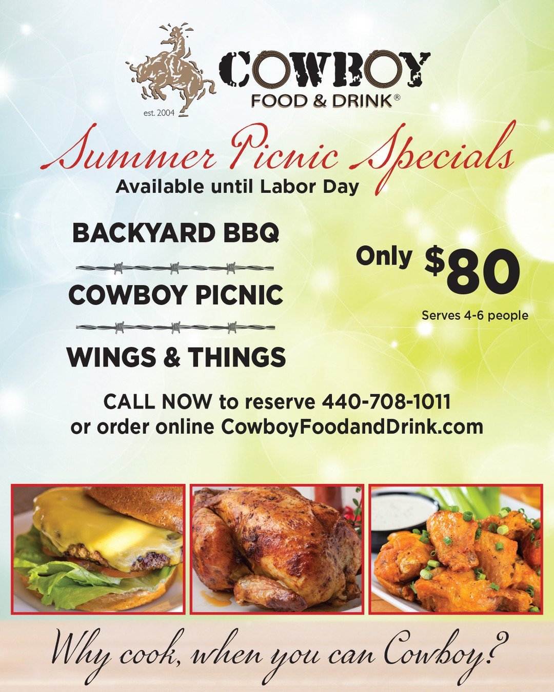 Why cook, when you can Cowboy? ☀️🍗
Perfect for easy entertaining, family nights, and backyard hangs.
Call ahead or order online to lock in your picnic pack.
#SummerEats #BackyardBBQ #FamilyMeals #EasyEntertaining #CowboyFoodAndDrink