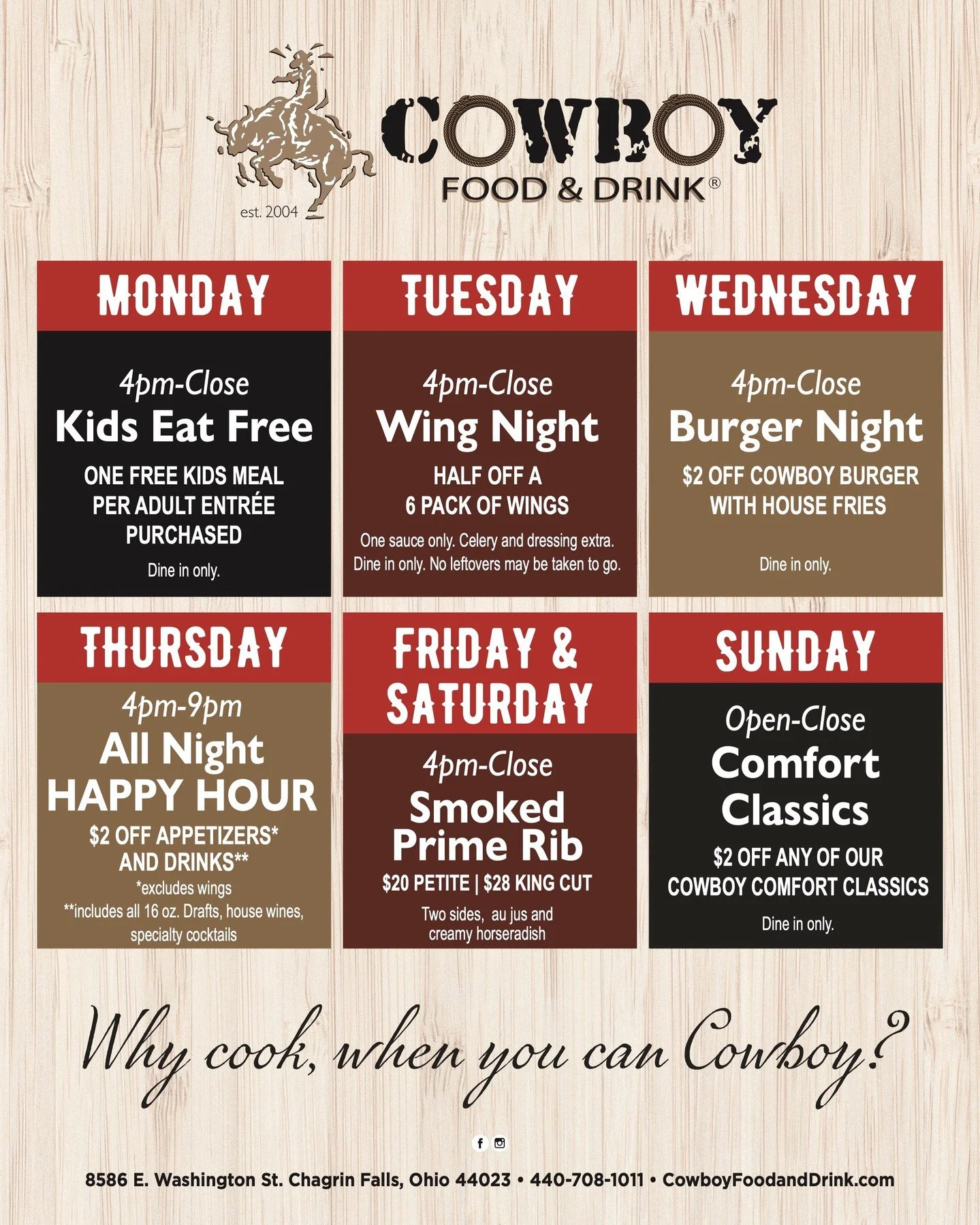 🍂 New season, new specials at Cowboy! 🤠

Our fall lineup is here with something tasty happening all week long&mdash;from Kids Eat Free Mondays and half-off wings Tuesdays to Burger Night, All Night Happy Hour, Smoked Prime Rib and Sunday Comfort Cl