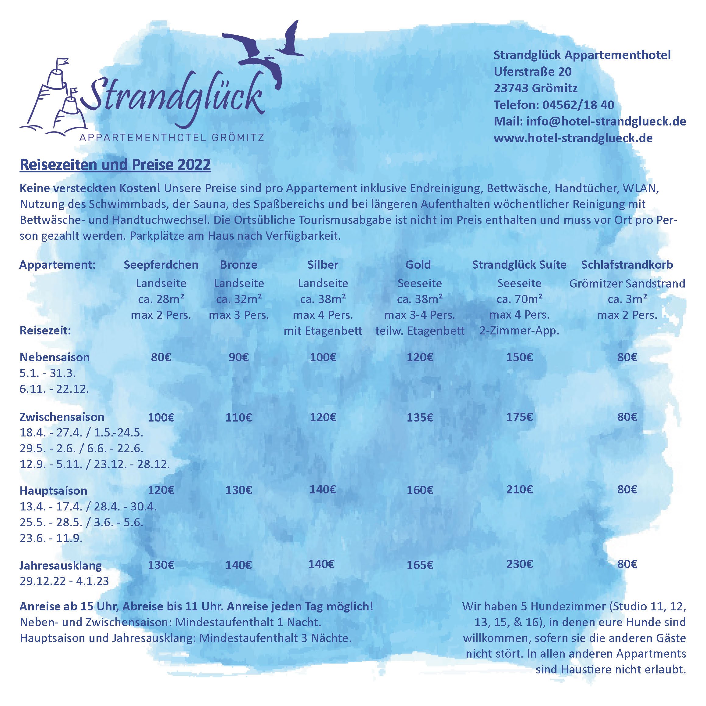 Hotel price list.