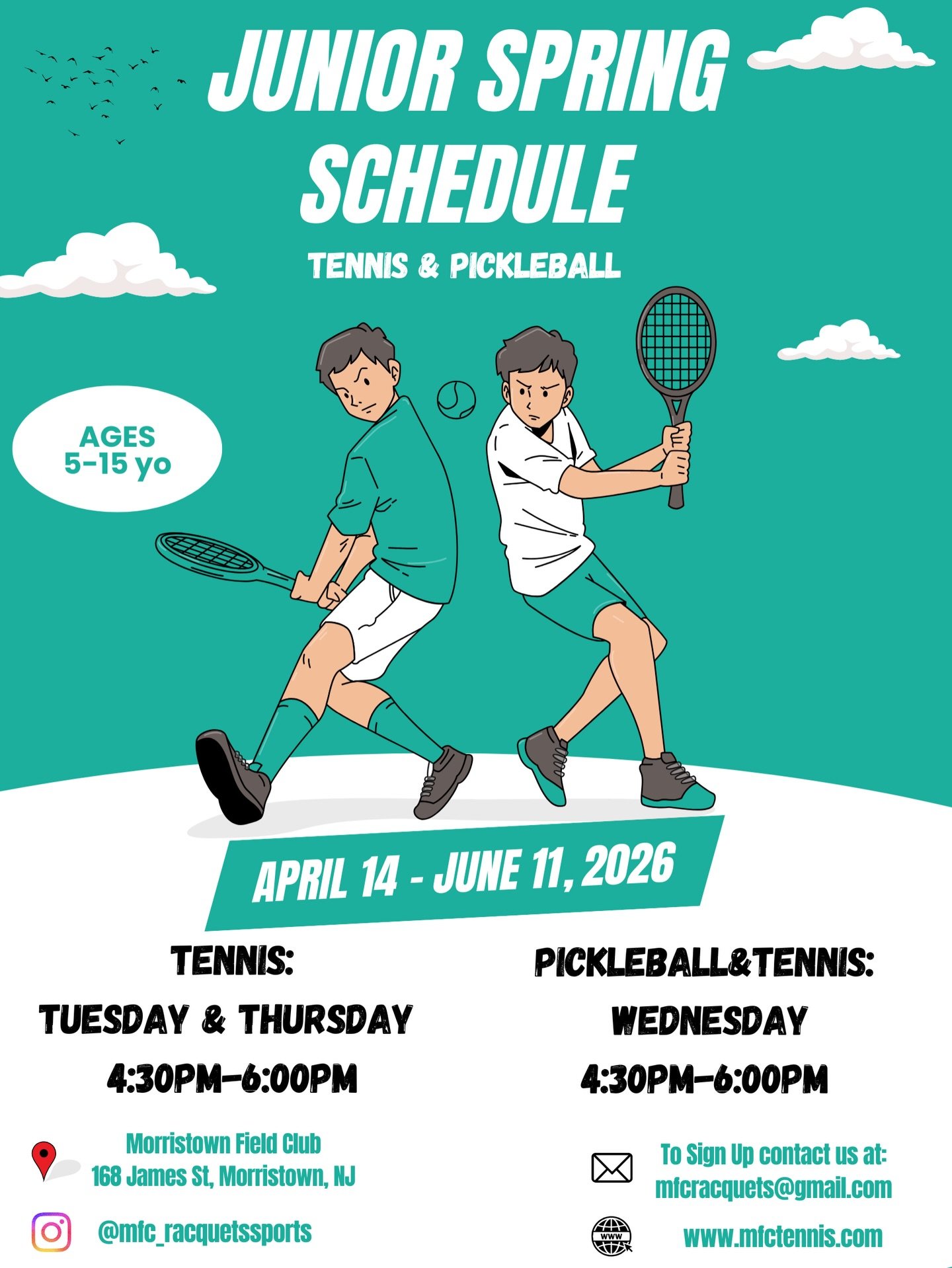 We are excited to announce our upcoming Junior Spring Tennis &amp; Pickleball Program at Morristown Field Club!
This program is designed for kids aged 5-15 and offers a fantastic blend of tennis, pickleball, and fitness activities specialized to each