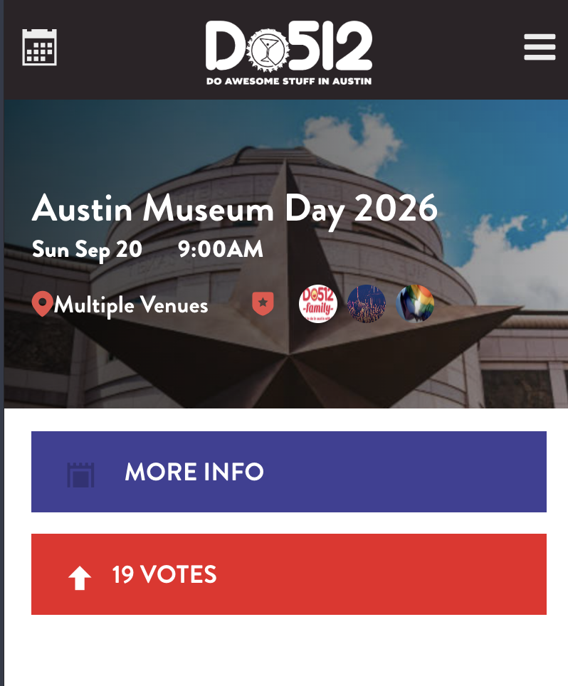Screenshot of Do512's website, title Austin Museum Day 2026, Sun September 20, 9:00 am