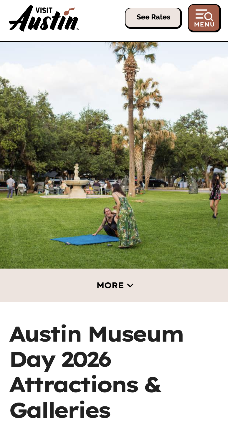 Screenshot of Visit Austin website with a photo of two people sitting on a green lawn in front of palm trees and a fountain