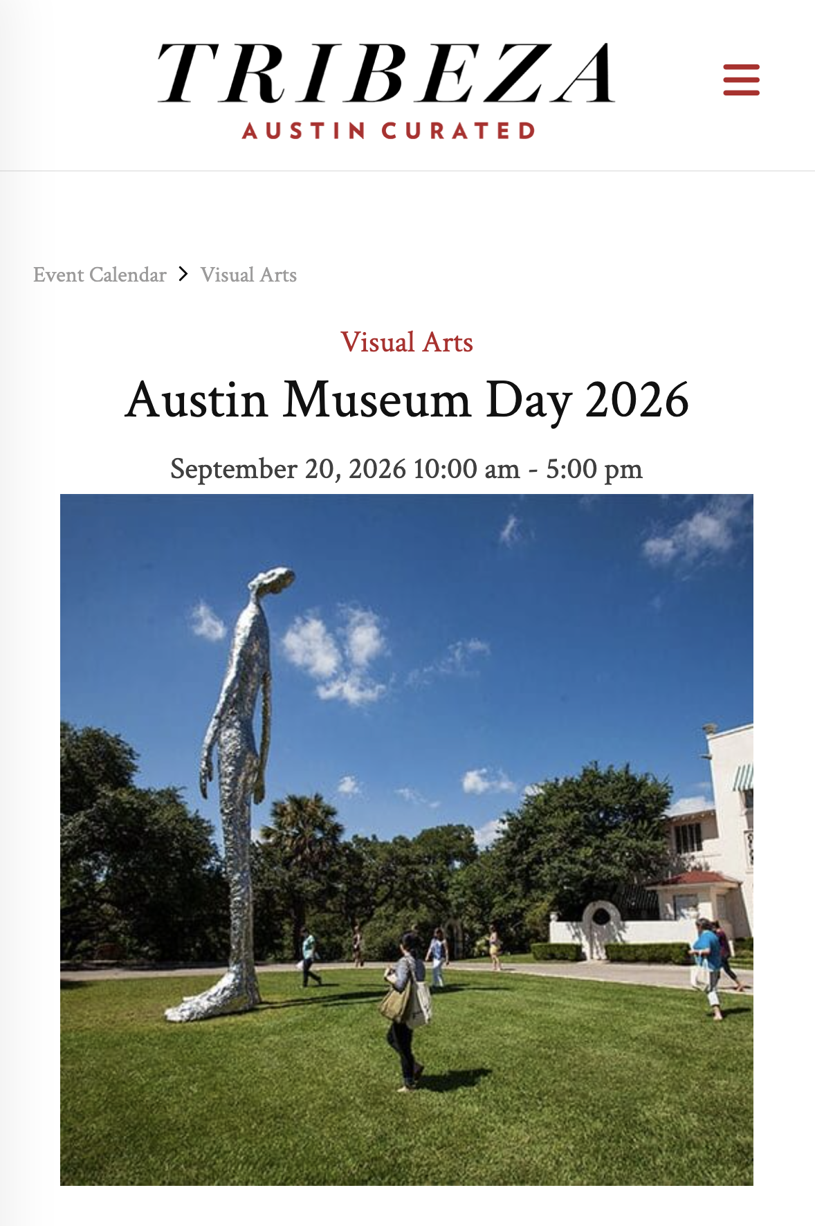 Screenshot of Tribeza's website, title Austin Museum Day 2026 followed by a photo of a metal sculpture of a tall skinny looking alien