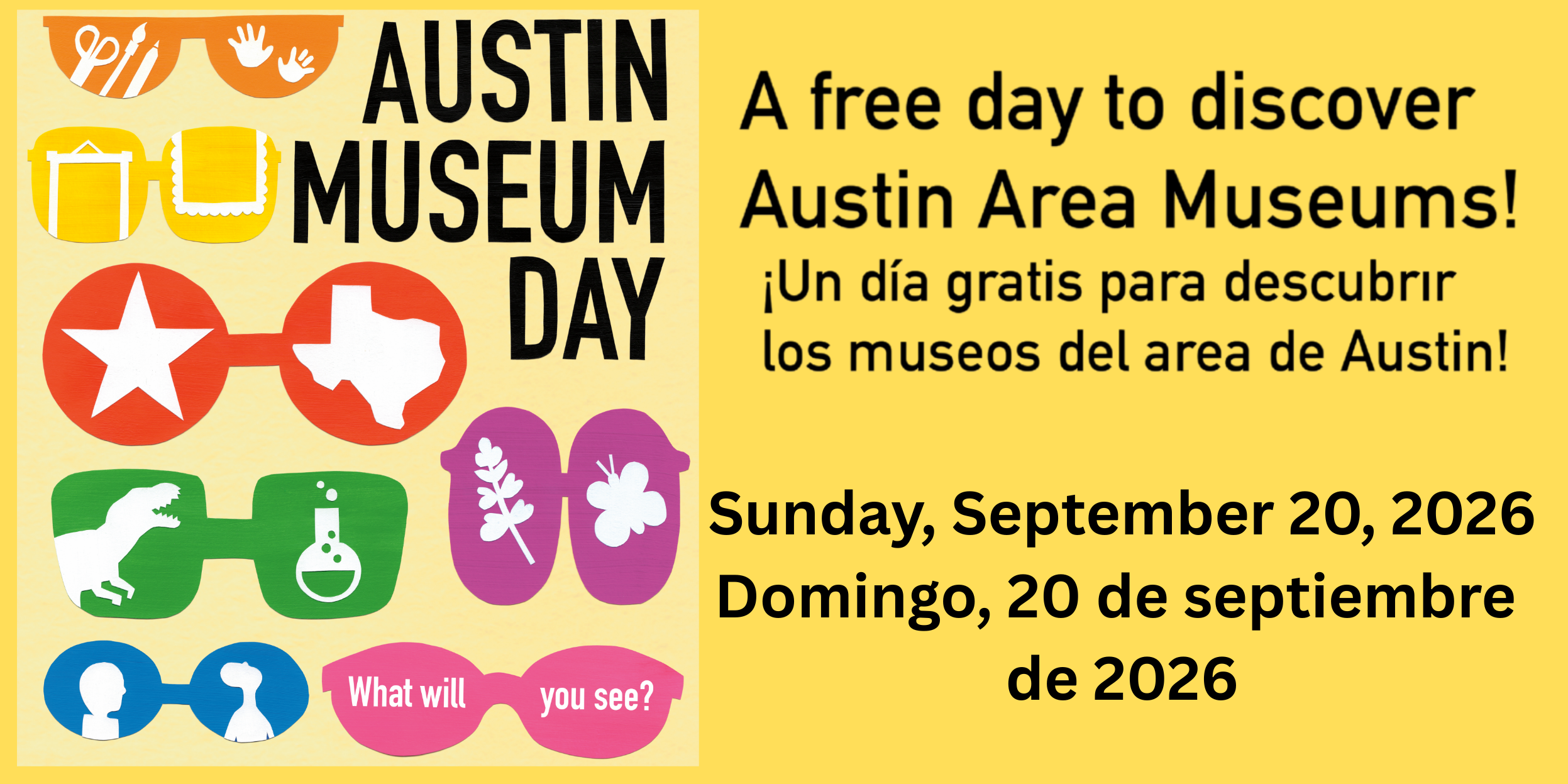 Sunglasses with embedded images and text that reads A free day to discover Austin Area Museums! Sunday, September 20, 2026