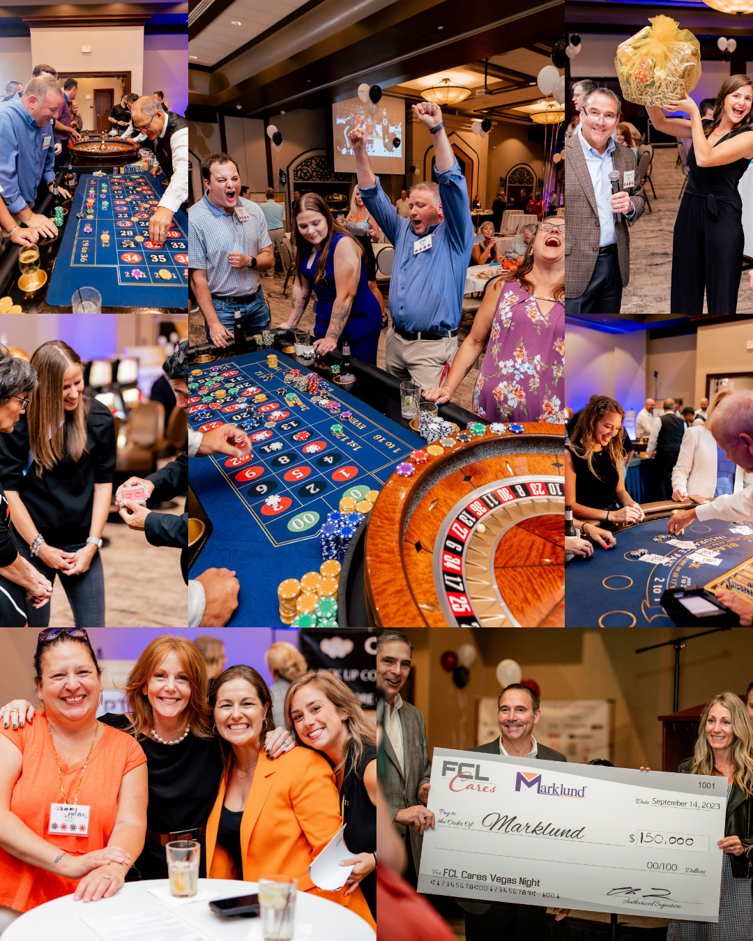 People playing casino games, winning a prize, celebrating, and holding a large check during a casino-themed fundraiser event.