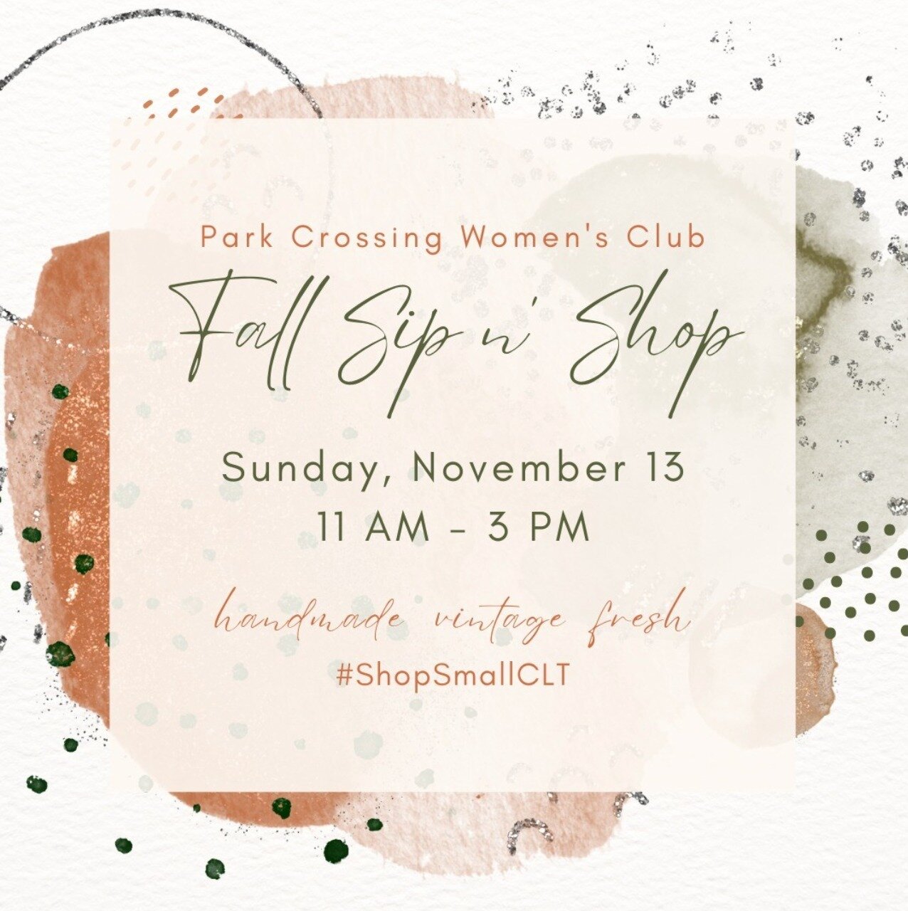 Don't miss out on this fantastic local event! @parkcrossingwc has its Fall Sip n' Shop on Sunday, November 13, 2022, from 11 am - 3 pm! (10201 Park Crossing Drive)⁠
⁠
They focus on featuring CLT-based small businesses that offer unique, handcrafted, 