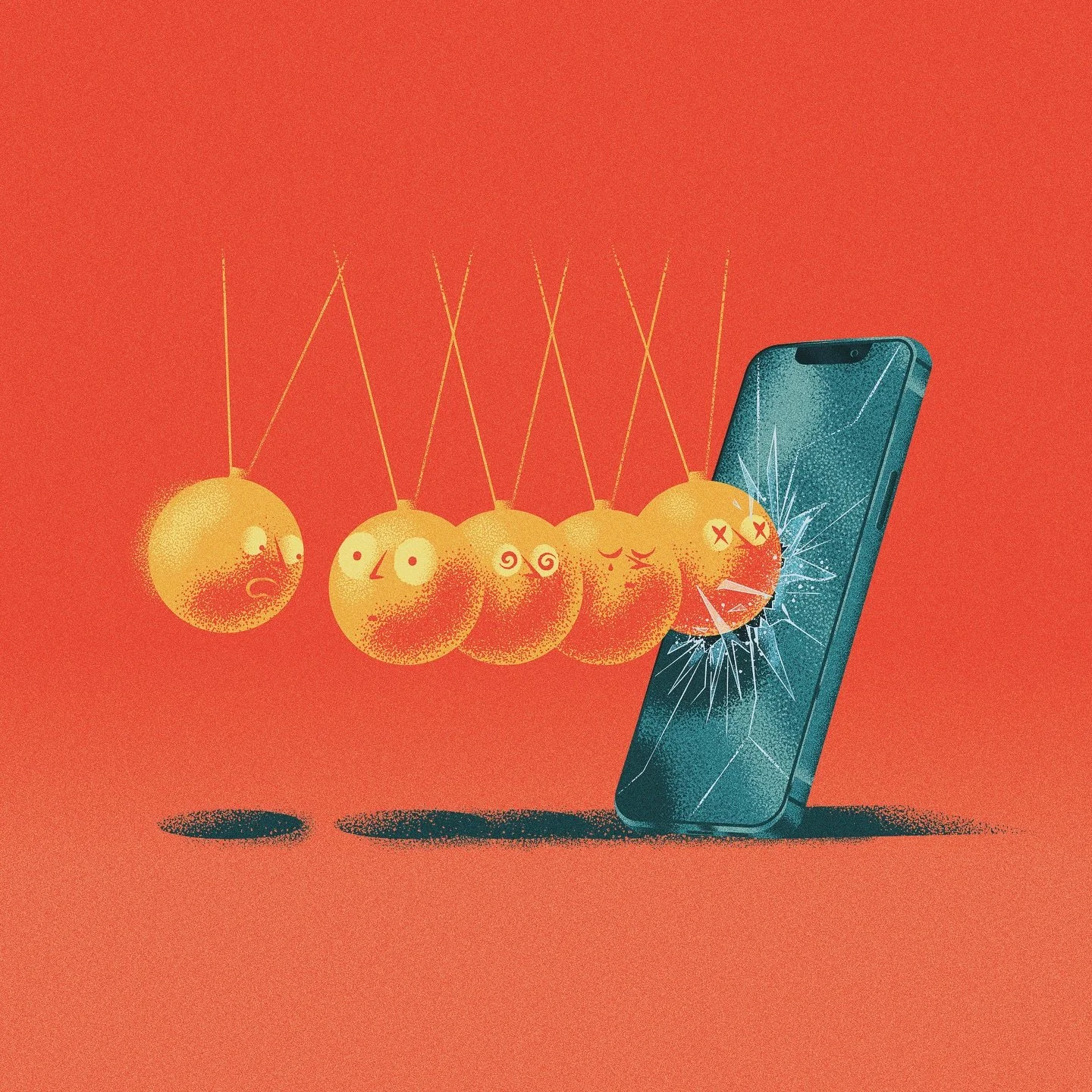 😮😳😵&zwj;💫😢😵💥📱

Emotions in Motion. Editorial Illustration. 

The digital pendulum never rests. A modern Newton&rsquo;s Cradle for the smartphone era. Showing how constant contact and social media can swing us through a range of emotions until