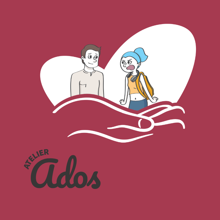 Une illustration montrant deux personnes discutant, une femme avec des écouteurs et un sac à dos, devant un fond rouge avec le texte "Atelier Ados".