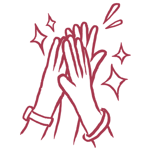 Dessins de deux mains qui se touchent avec des étoiles autour, symbolisant un high five ou une célébration.