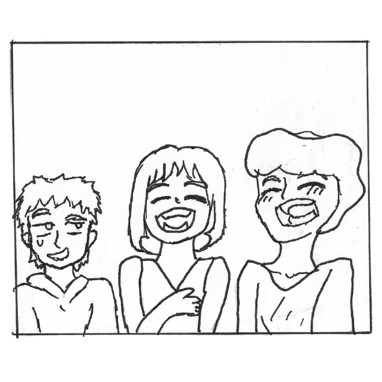 Dessin en noir et blanc de trois personnes souriantes, rient et semblent passer un bon moment.