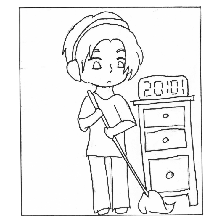 Un dessin de style manga d'une jeune fille qui nettoie le sol avec une serpillière, debout à côté d'une commode avec un réveil qui affiche l'heure 20:01.