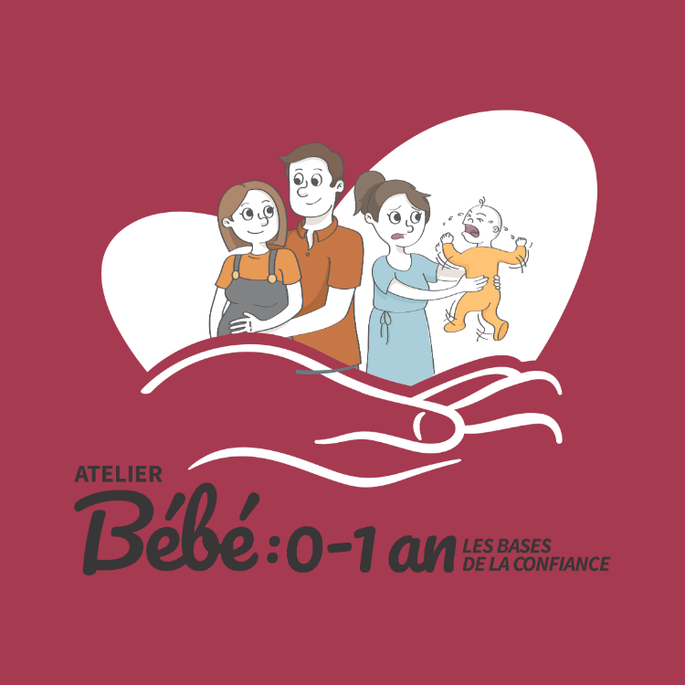 Logo d'un atelier pour les bébés de 0 à 1 an, avec une illustration d'une famille de quatre personnes, une mère, un père, une petite fille et un bébé, sur un fond rose.