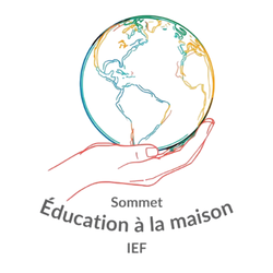 Une main tenant un globe terrestre avec le texte 'Éducation à la maison' et les initiales IEF