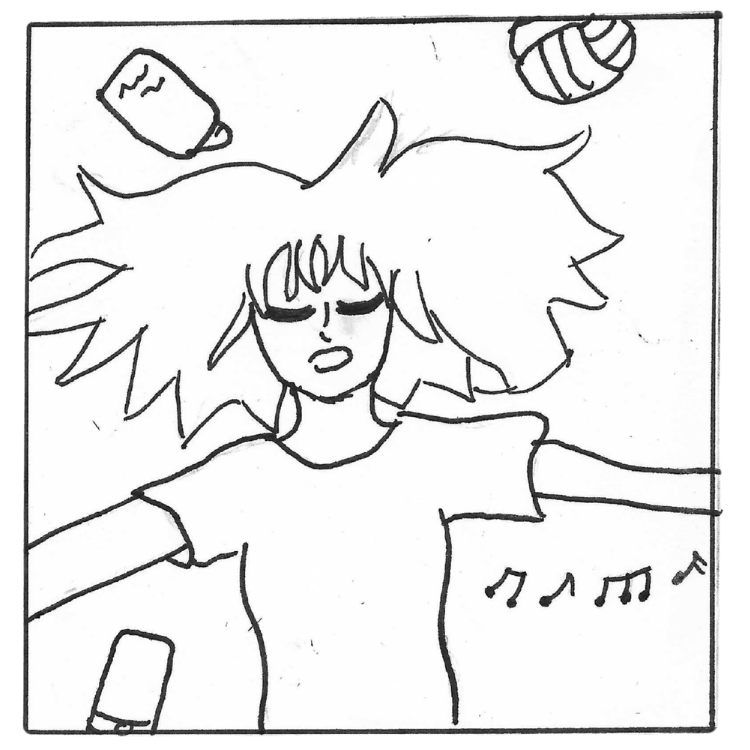 Dessin en noir et blanc d'une personne avec les yeux fermés, cheveux en bataille, semblant profiter de la musique, avec des notes de musique et des objets flottants autour.