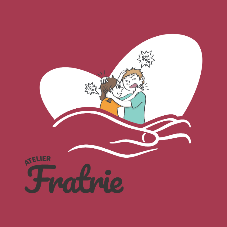 Une main tient une grande tête stylisée d'un cœur avec deux enfants qui se disputent, l'un avec des lunettes et un t-shirt orange, l'autre avec des cheveux courts et un t-shirt bleu, montrant des expressions de mécontentement. Texte "Atelier Fratrie" en dessous.