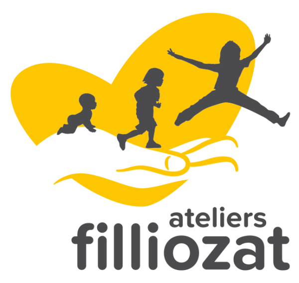 Logo avec silhouette d'une famille passant du bébé à un adulte sautant, avec un cœur jaune en arrière-plan et le texte "filli atelers" en dessous.