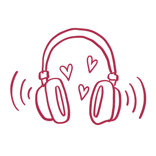 Casque audio avec des cœurs et des lignes indiquant le son.