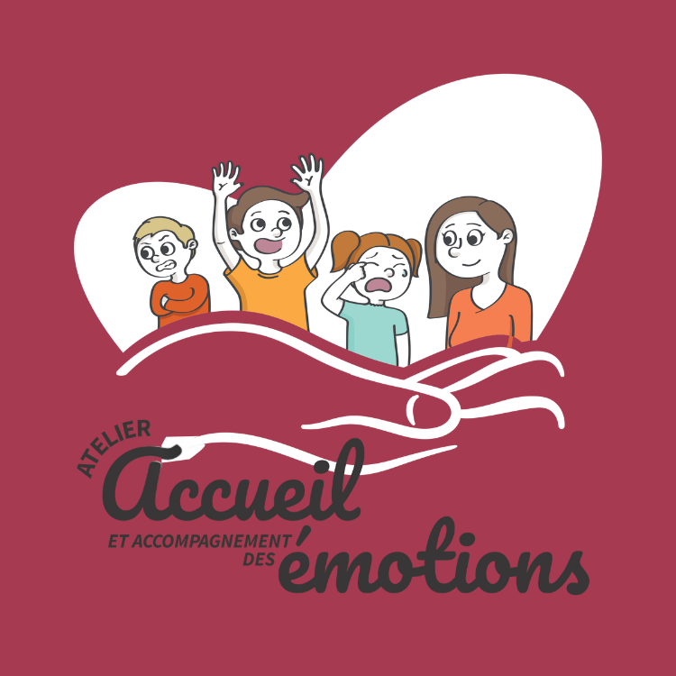 Un groupe de quatre enfants avec différentes expressions émotionnelles, avec un fond rouge et des illustrations de mains tenant un cœur, accompagnant le texte 'Atelier Accueil et accompagnement des émotions'.
