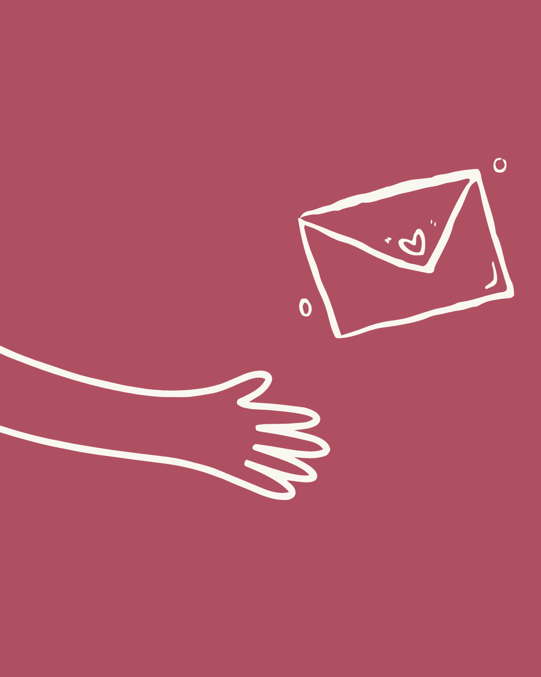 A minimalistic illustration of a hand reaching out to hold an envelope with a heart on it on a pink background.