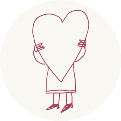 Une illustration simple d'une personne tenant un grand cœur devant son visage, dessinée en lignes rouges.