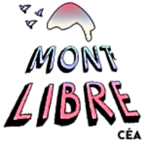 Colorful logo with a mountain, pink cloud, and flying birds, featuring the text 'Mont Libre' in neon-style letters.