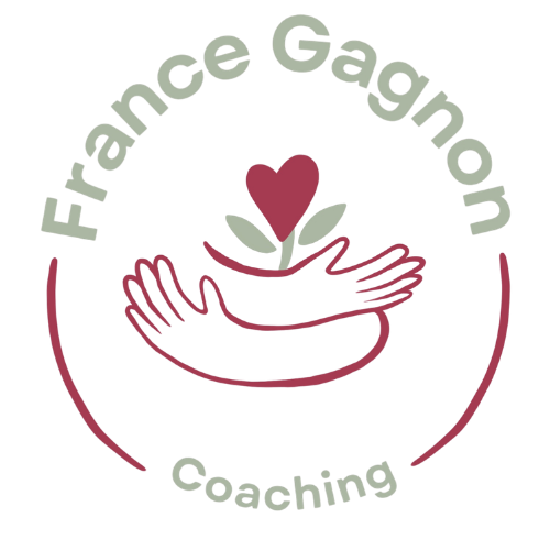 Logo avec deux mains entourant un cœur en forme de fleur, texte "France Gagnon Coaching" en arc autour.