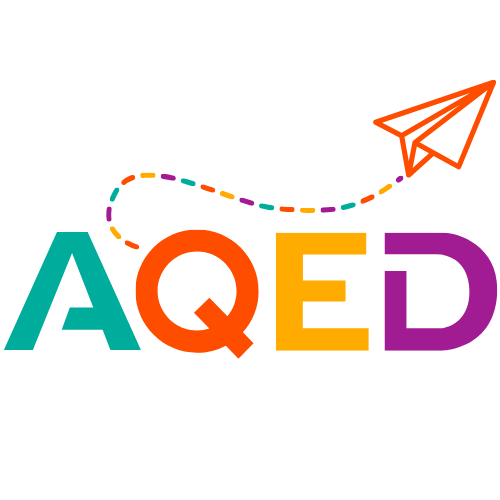 Logo de l'Association Québécoise pour l'Éducation à Domicile (AQED) avec un papier avion et le texte « depuis 25 ans ».