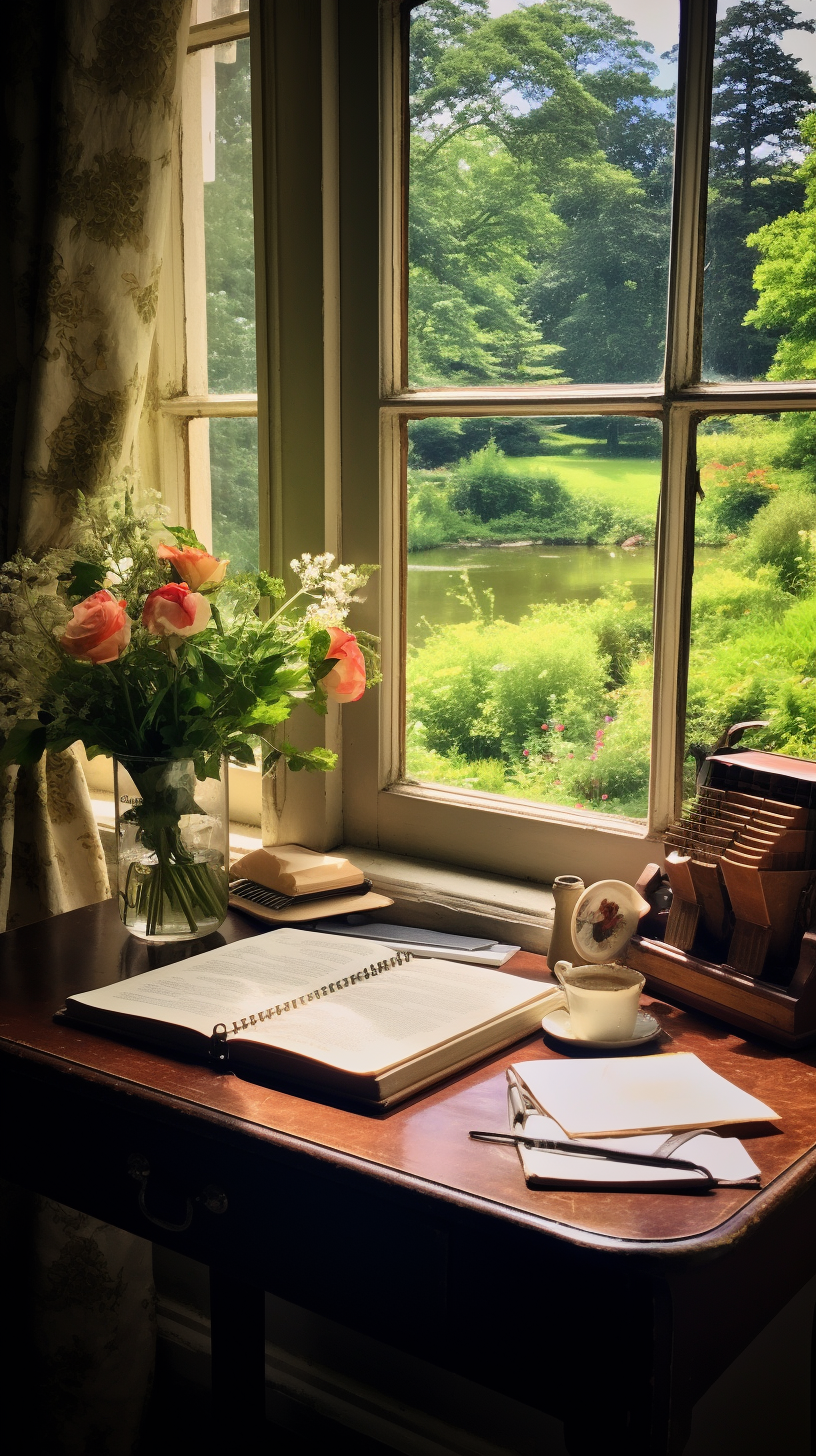 Author Writing Moody Vibes Aesthetic Writing Desk Cozy Writing Corner Window Overlooking Scenery