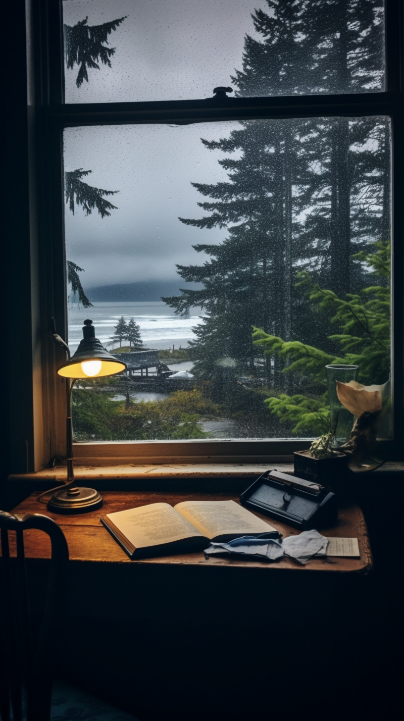 Author Writing Moody Vibes Aesthetic Writing Desk Cozy Writing Corner Window Overlooking Scenery