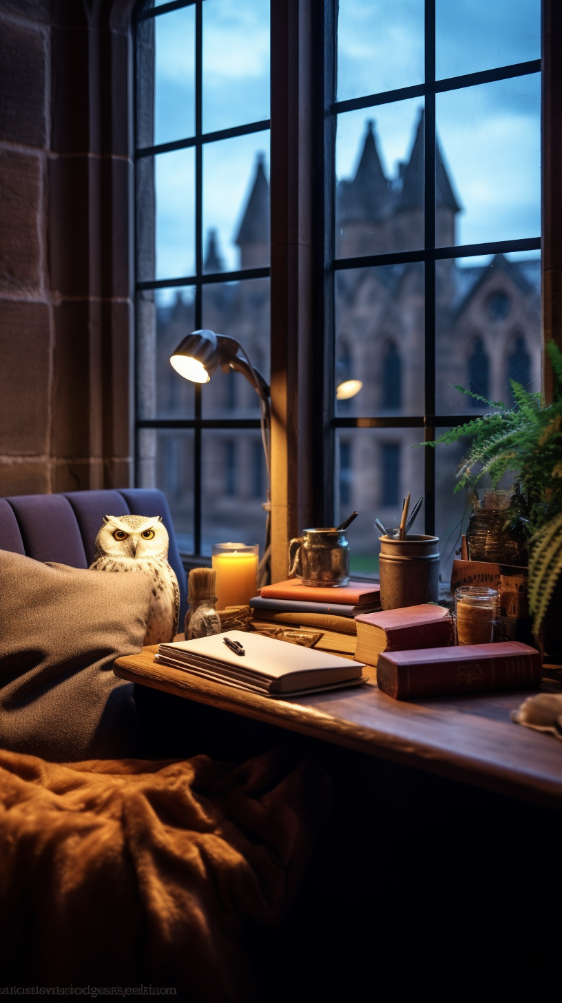 Author Writing Moody Vibes Aesthetic Writing Desk Overlooking the Hogwarts.png