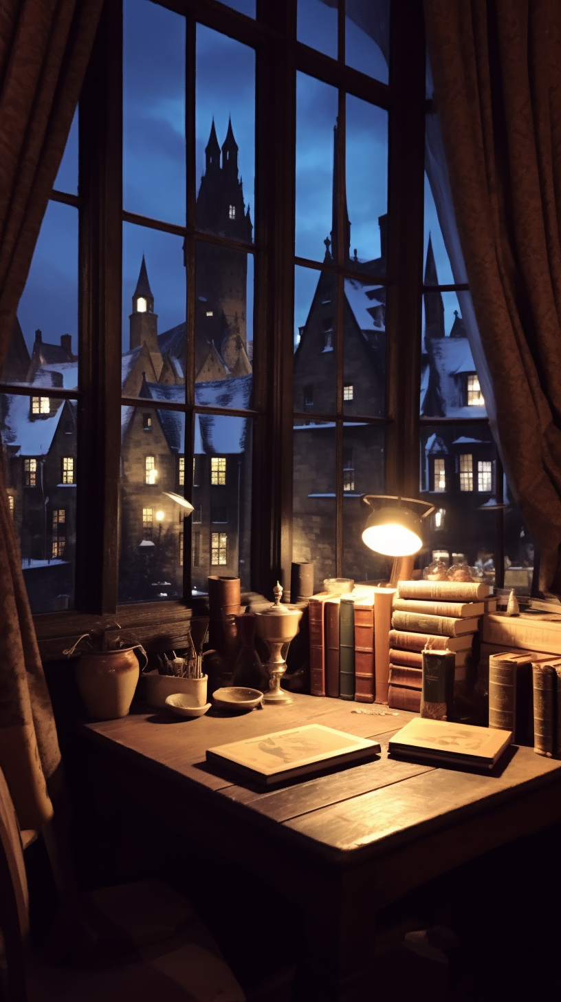 Author Writing Moody Vibes Aesthetic Writing Desk Overlooking the Hogwarts 3.png