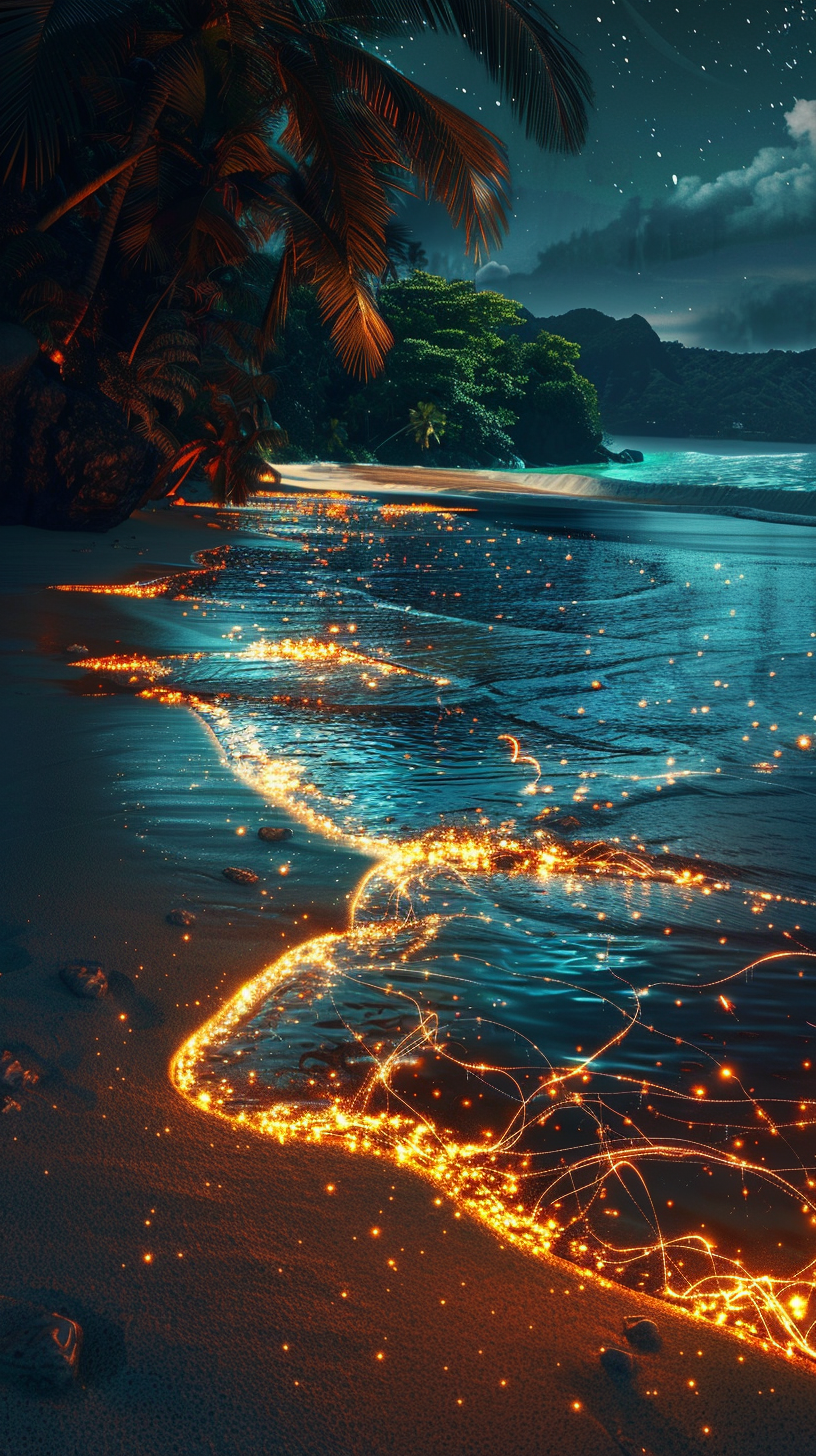 annahlaine_a_glowing_bioluminescent_beach_scene_with_a_junglein Star Wielder, a Realms of Zoria romantasy novel by Annah Wyatt.png